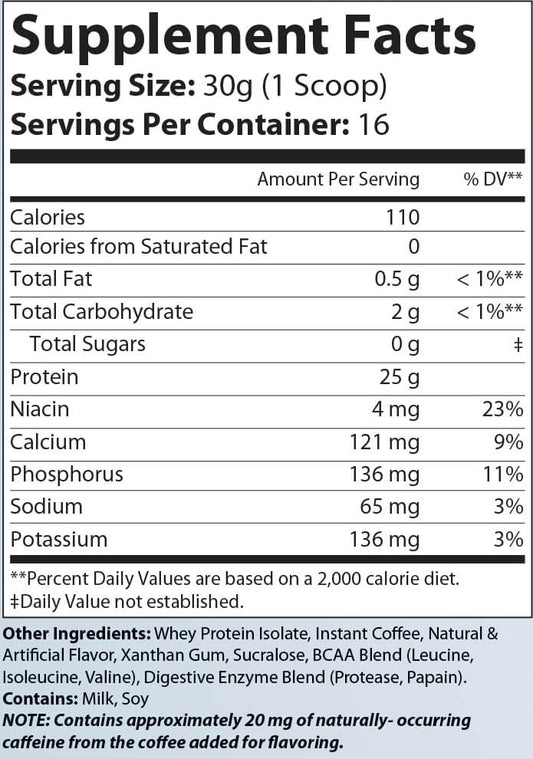 1lb Whey Protein Isolate Cappuccino – 25g Pure Protein Per Serving